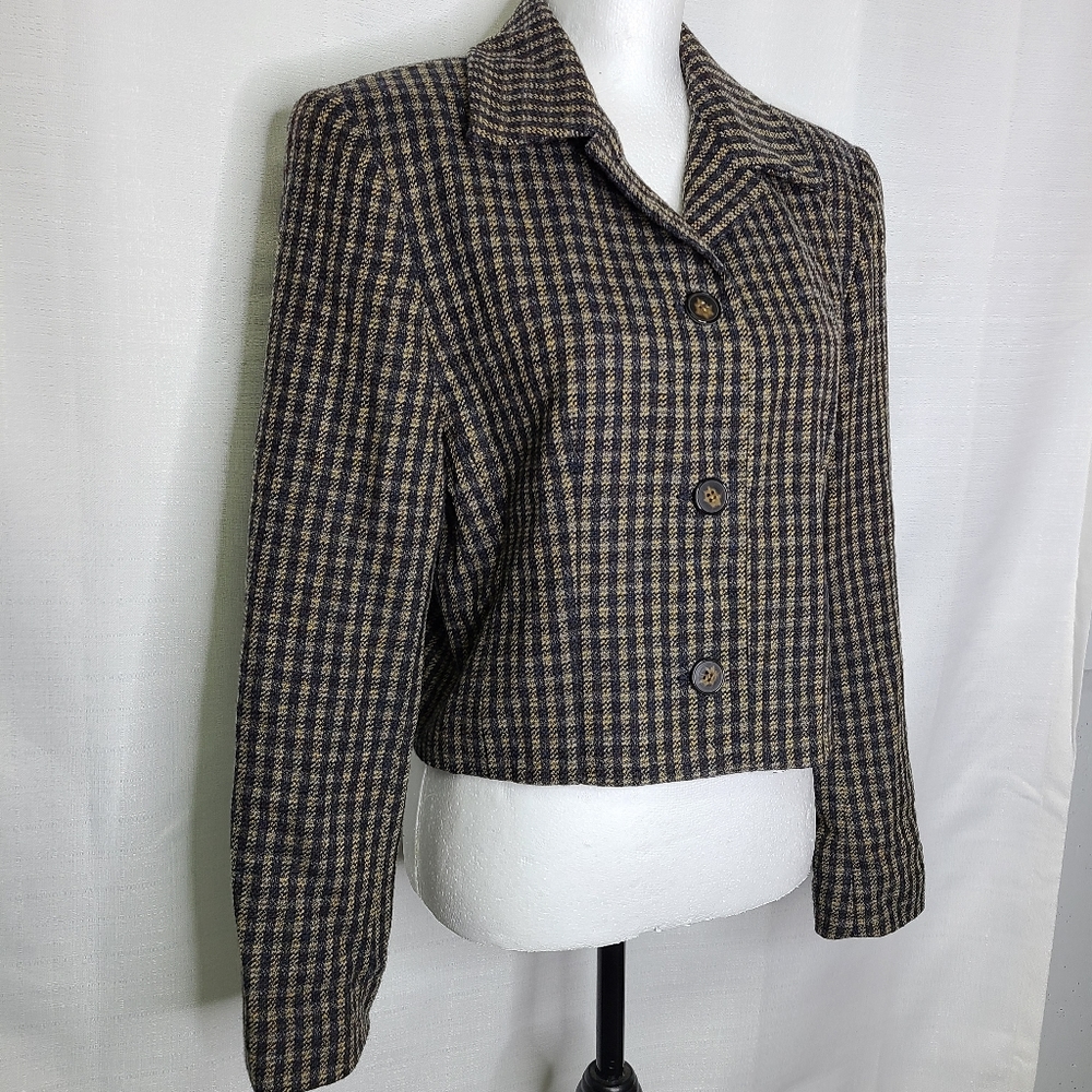 J McLaughlin Tweed Blazer Womens Size 8 Tan Blue Cropped